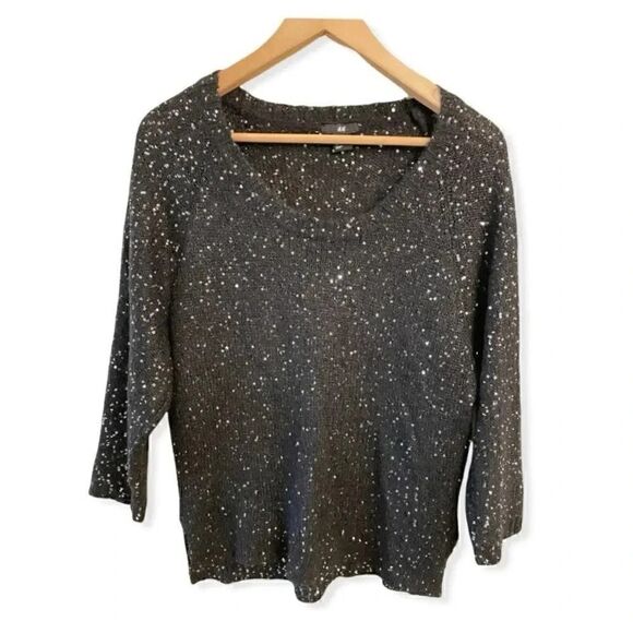 H & M Starry Night Sequence Black Womens Sweater SZ Medium - Picture 1 of 4